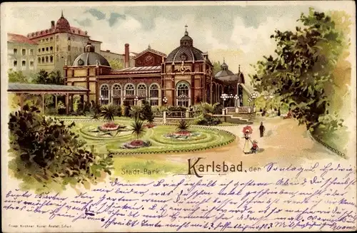 Litho Karlovy Vary Karlsbad Stadt, Kuranlagen im Stadtpark