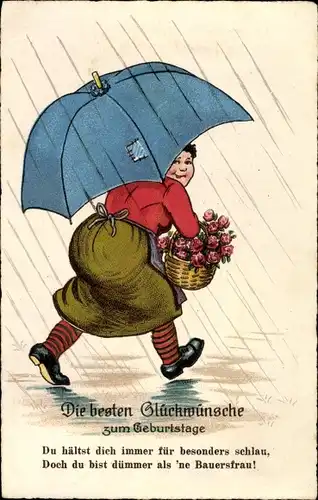 Ak Glückwunsch Geburtstag, Frau mit Rosen in einem Korb und Regenschirm