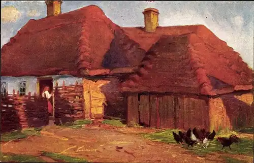 Künstler Ak Janowska, B. R., Zagroda wiejska, Bauernhaus, Hühner