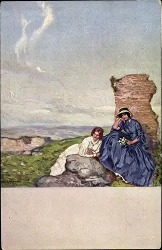 Künstler Ak Liebermann, Ernst, Auf Bergeshöhe, zwei Frauen vor einer Ruine