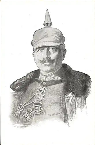 Künstler Ak Kaiser Wilhelm II. in Uniform, Pickelhaube, Orden, Wohlfahrtskarte