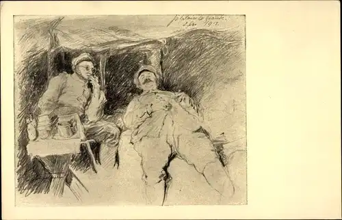 Künstler Ak Zwei Deutsche Soldaten in einem Unterstand, Schlafender Soldat, I. WK