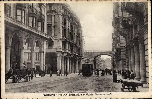 Ak Genova Genua Ligurien, Via XX Settembre e Ponte Monumentale, Straßenbahn