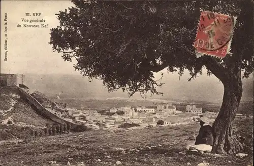 Ak El Kef Tunesien, Vue generale du Nouveau Kef, Araber unter einem Baum, Maghreb