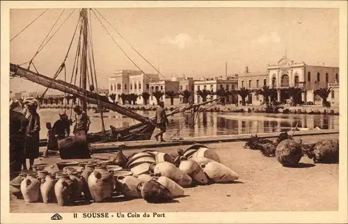 Ak Sousse Tunesien, Un Coin du Port, Hafenpartie, Tongefäße, Segelboot