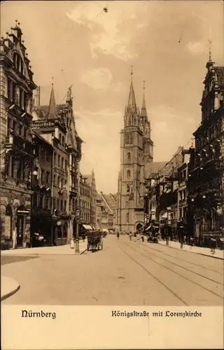 Ak Nürnberg in Mittelfranken Bayern, Königstraße mit Lorenzkirche