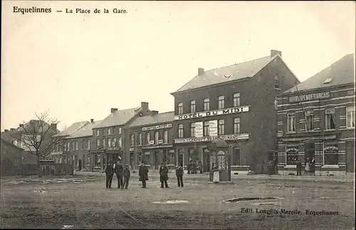 Ak Erquelinnes Wallonien Hennegau, La Place de la Gare, Hotel du Midi, Dautez Pitot