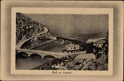 Ak Libanon, Fluss mit Brücken, Felsen, Gebäude