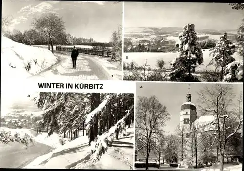 Ak Kürbitz Weischlitz im Vogtland, Winter, Straße nach Tiergarten, Elstertal, Kirche
