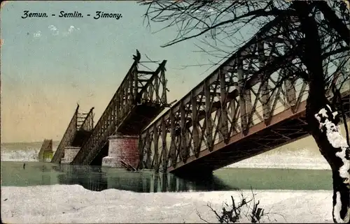 Ak Zemun Semlin Belgrad Beograd Serbien, Gesprengte Eisenbahnbrücke