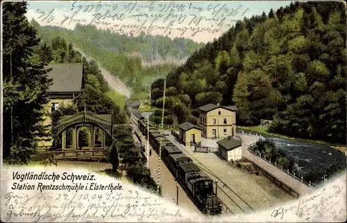 Ak Rentzschmühle Pöhl im Vogtland, Blick auf den Bahnhof, Dampflok
