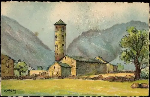 Präge Wappen Künstler Ak Barday, Andorra, Santa Coloma, Blick auf die Kirche