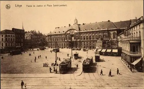 Ak Liège Lüttich Wallonien, Palais de Justice et Place Saint Lambert, Straßenbahnen