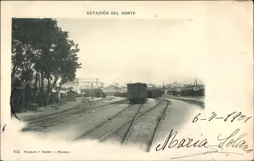 Ak Madrid Spanien, Estacion del Norte, Blick auf den Bahnhof, Schienen, Güterwaggons