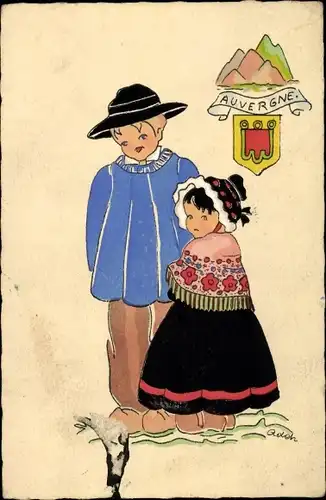 Wappen Ak Zwei Kinder in Tracht aus der Auvergne