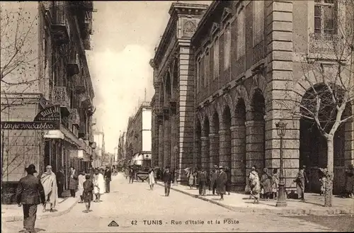 Ak Tunis Tunesien, Rue d'Italie et la Poste, Straßenpartie, Passanten