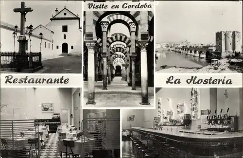 Ak Cordoba Andalusien Spanien, Restaurante La Hosteria, Kreuz, Kirche, Innenansicht