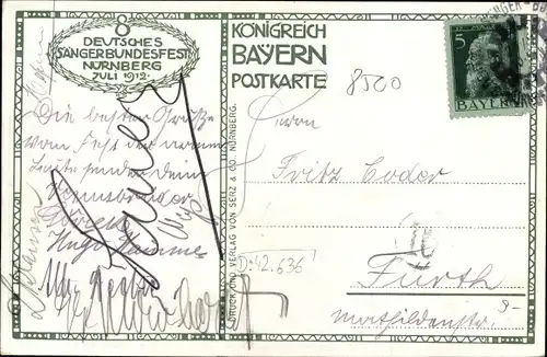Künstler Ak Nürnberg Franken, Sänger Bundesfest, 27. bis 31. Juli 1912