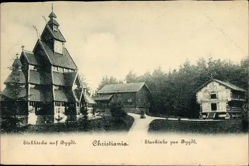 Ak Christiania Oslo Norwegen, Stavkircke paa Bygdö, Blick zur Stabkirche