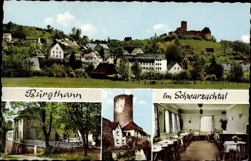 Ak Burgthann in Bayern, Blick auf den Ort, Turm, Gasthof zum Bahnhof von E. Hiltner, Inneres
