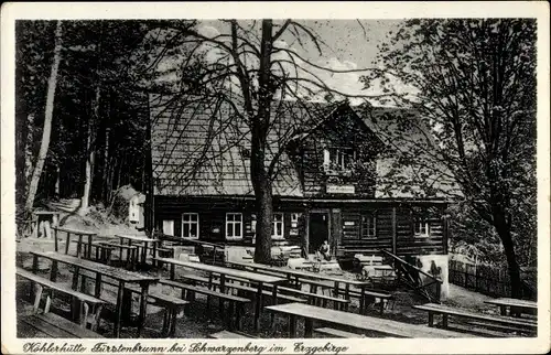 Ak Grünhain Beierfeld im Erzgebirge Sachsen, Köhlerhütte Fürstenbrunn, Terrasse