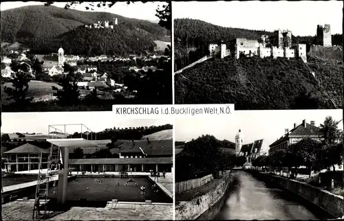Ak Kirchschlag in der Buckligen Welt in Niederösterreich, Freibad, Burg, Ortsansicht