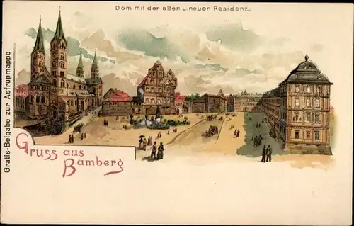 Litho Bamberg an der Regnitz Oberfranken, Dom mit der alten und neuen Residenz