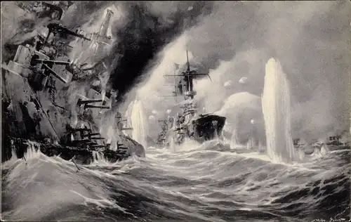 Künstler Ak Stöwer, Willy, Deutsche Kriegsschiffe, Vernichtung russischer Kriegsschiffe, Seeschlacht