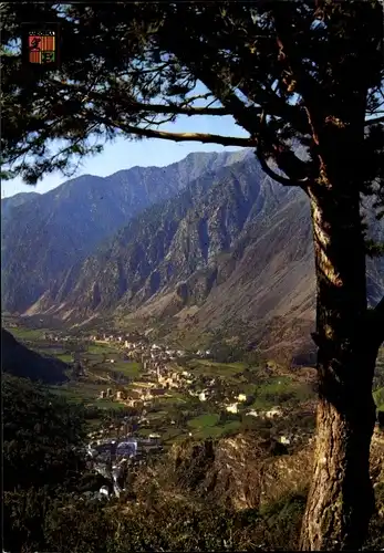 Wappen Ak Andorra la Vella Andorra, Vista general de Les Escaldes, Blick zum Ort