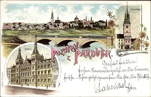 Litho Pardubice Pardubitz Stadt, Radnice, Rathaus, Zelena brana, Viadukt