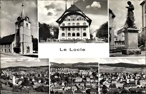 Ak Le Locle Kt. Neuenburg Schweiz, Kirche, Denkmal, Rathaus, Totalansicht