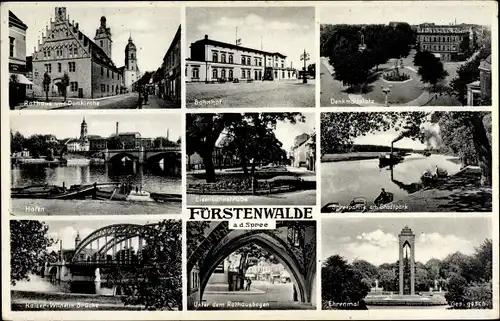 Ak Fürstenwalde an der Spree, Bahnhof, Hafen, Eisenbahnstraße, Kaiser Wilhelm Brücke, Domkirche