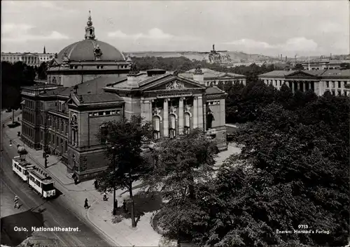 Ak Oslo Norwegen, Nationaltheatret, Blick auf das Nationaltheater, Straßenbahn