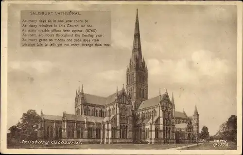 Ak Salisbury South West, Salisbury Cathedral, Gesamtansicht, Gedicht