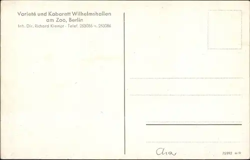 Ak Berlin Charlottenburg, Innenansicht, Variete Kabarett Wilhelmshallen am Zoo, Inh. Richard Klempt