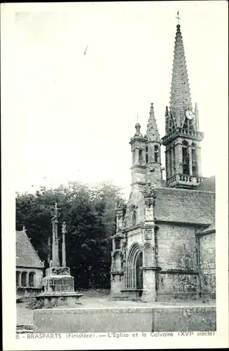 Ak Brasparts Finistère, L'Eglise et le Calvaire, Partie an der Kirche