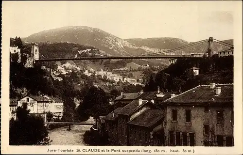 Ak St. Claude Jura, Le Pont suspendu, Blick auf den Ort und die Hängebrücke