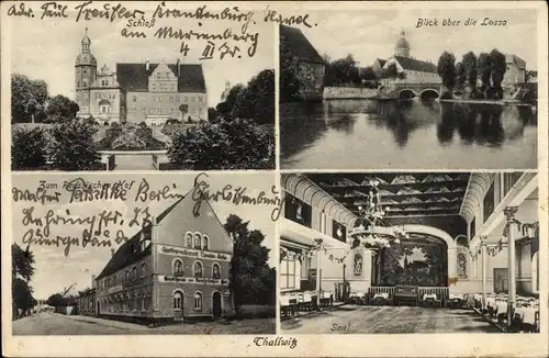 Ak Thallwitz in Sachsen, Schloss, Blick über die Lossa, Gasthaus zum Reußischen Hof, Inh. T. Döche