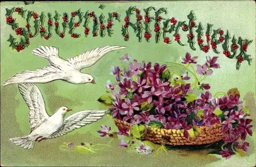 Ak Souvenir Affectueux, Tauben, Veilchenblüten in einem Korb