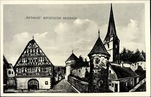 Ak Dörrenbach in Rheinland Pfalz, Rathaus, befestigter Friedhof, Fachwerkhaus