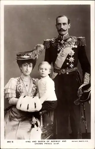 Ak König Haakon VII. von Norwegen, Königin Maud, Kronprinz Olav