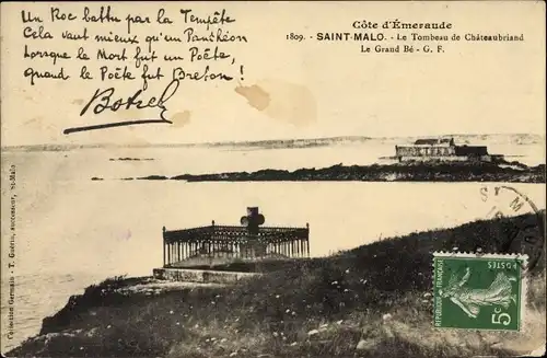 Ak Saint Malo Ille de Vilaine Bretagne, Tombeau de Chateaubriand, Côte d'Émeraude, Botrel