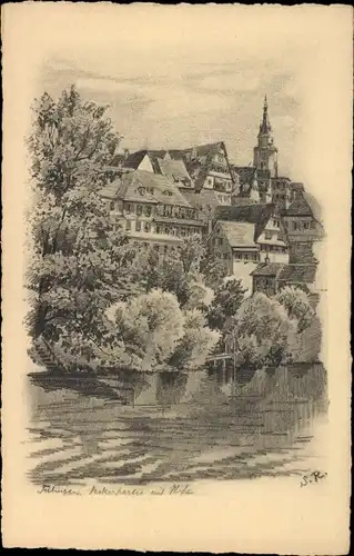 Künstler Ak Tübingen am Neckar Baden Württemberg, Teilansicht der Stadt, Kirchturm