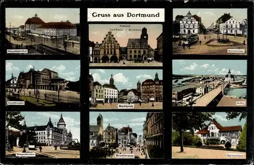 Ak Dortmund im Ruhrgebiet, Hauptbahnhof, Rathaus, Bücherei, Stadttheater, Hafen, Oberpostdirektion