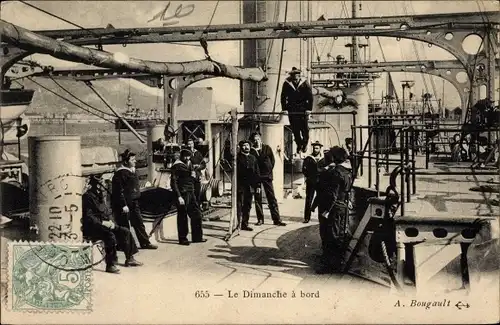 Ak Le Dimanche à bord, Französische Matrosen an Bord eines Kriegsschiffes, Sonntagsbeschäftigung