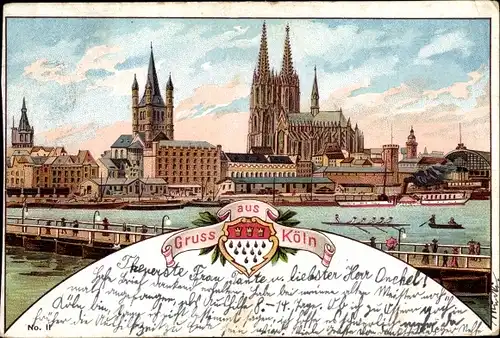 Wappen Litho Köln am Rhein, Blick zur Altstadt, Dom, Hauptbahnhof, Brücke