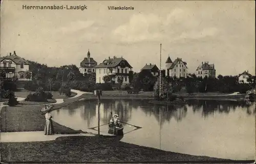Ak Bad Lausick in Sachsen, Hermannsbad, Villenkolonie, Teichpartie, Ruderboot