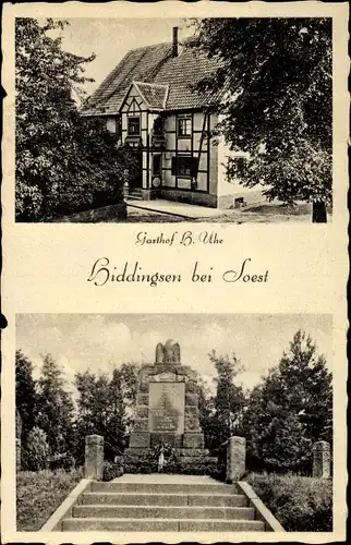 Ak Hiddingsen Soest in Nordrhein Westfalen, Gasthof H. Uhe, Denkmal