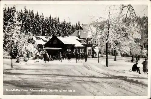 Ak Oberhof im Thüringer Wald, Waldkaffee Obere Schweizerhütte im Winter, Schlitten