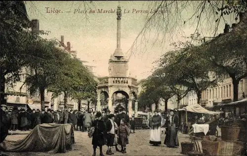 Ak Liège Lüttich Wallonien, Place du Marché, Le Perron Liegois, Markt